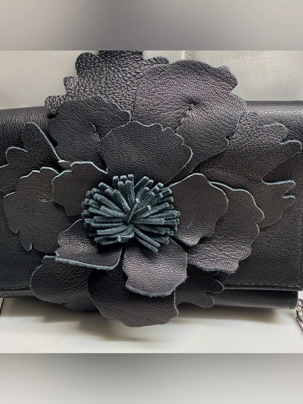 Carlos Falchi Black Floral Applique Crossbody Bag